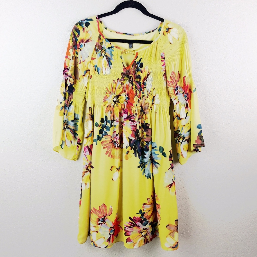 Spense Yellow Floral Print Long Sleeve Dress